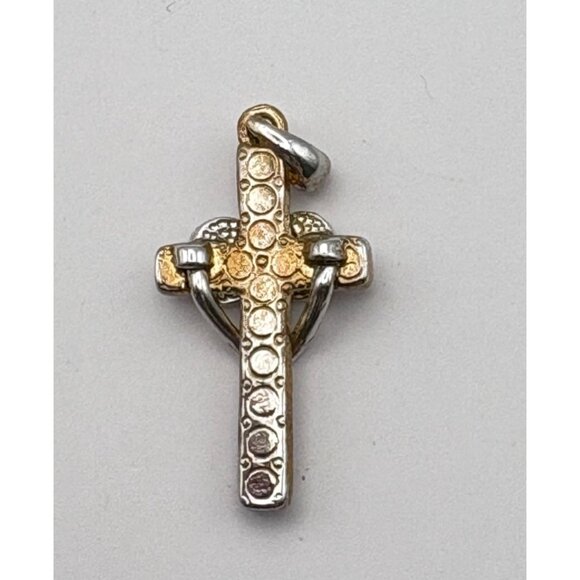Vintage Faux Garnet Cross Pendant Gold Tone with Silver Tone Heart Design - Picture 2 of 6
